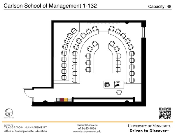 Plan view of the classroom that provides room capacity, seating locations and exits. A QR code links to room schedule and contact information is in the footer