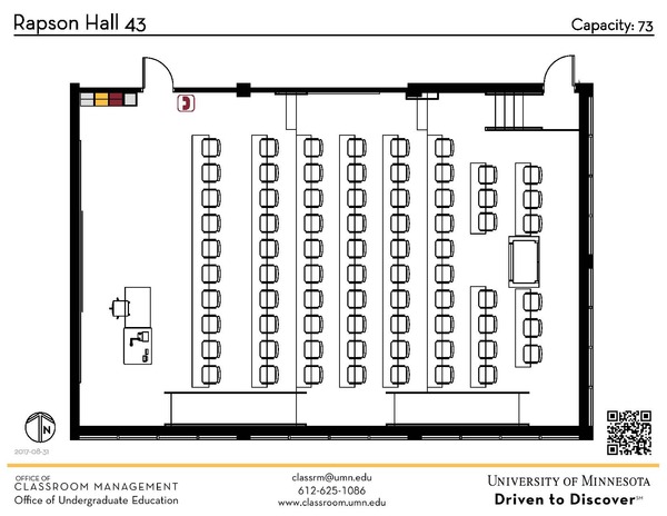 Plan view of the classroom that provides room capacity, seating locations and exits. A QR code links to room schedule and contact information is in the footer