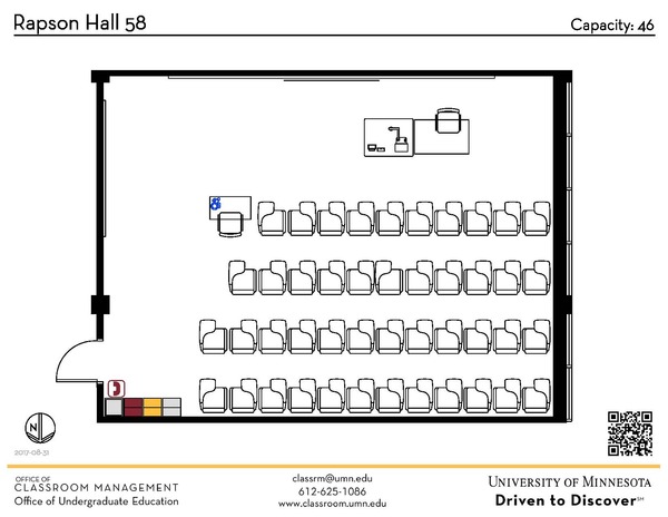 Plan view of the classroom that provides room capacity, seating locations and exits. A QR code links to room schedule and contact information is in the footer