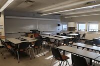 Front of room view with lectern center in front of markerboard 