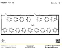 Plan view of the classroom that provides room capacity, seating locations and exits. A QR code links to room schedule and contact information is in the footer