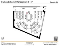 Plan view of the classroom that provides room capacity, seating locations and exits. A QR code links to room schedule and contact information is in the footer