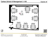 Plan view of the classroom that provides room capacity, seating locations and exits. A QR code links to room schedule and contact information is in the footer