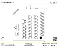 Plan view of the classroom that provides room capacity, seating locations and exits. A QR code links to room schedule and contact information is in the footer