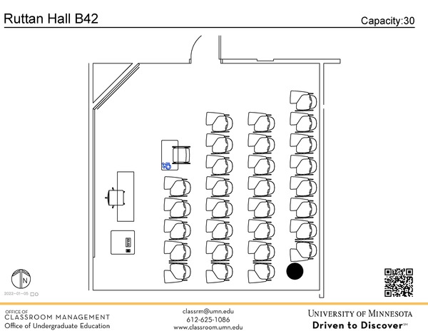 Plan view of the classroom that provides room capacity, seating locations and exits. A QR code links to room schedule and contact information is in the footer