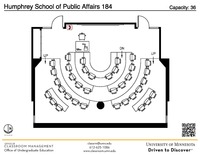 Plan view of the classroom that provides room capacity, seating locations and exits. A QR code links to room schedule and contact information is in the footer