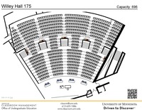 Plan view of the classroom that provides room capacity, seating locations and exits. A QR code links to room schedule and contact information is in the footer