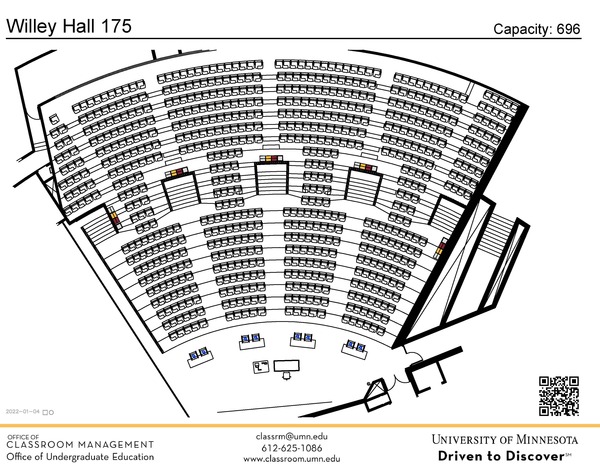 Plan view of the classroom that provides room capacity, seating locations and exits. A QR code links to room schedule and contact information is in the footer