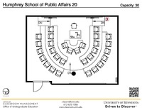 Plan view of the classroom that provides room capacity, seating locations and exits. A QR code links to room schedule and contact information is in the footer