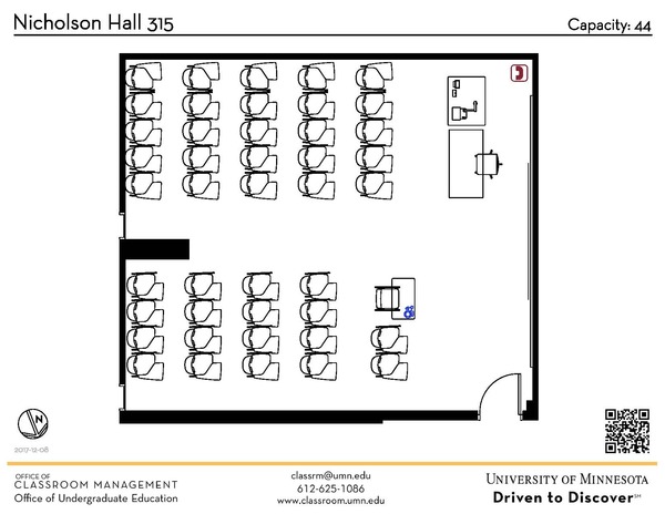 Plan view of the classroom that provides room capacity, seating locations and exits. A QR code links to room schedule and contact information is in the footer