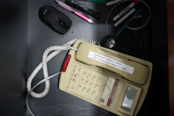 Pedestal - inside view of drawer showing telephone