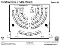 Plan view of the classroom that provides room capacity, seating locations and exits. A QR code links to room schedule and contact information is in the footer