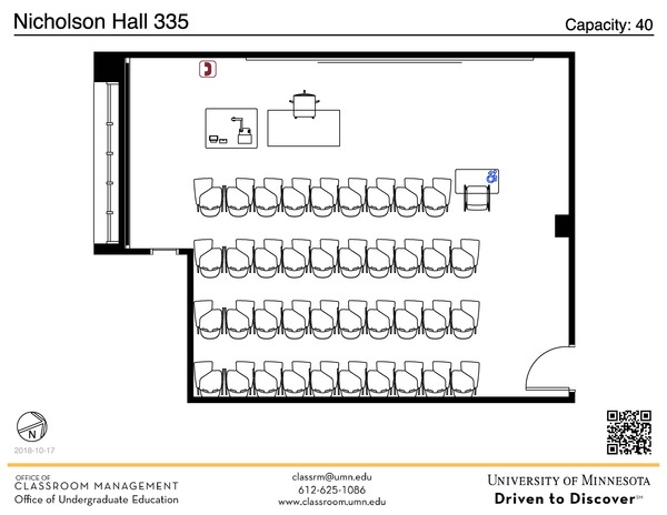 Plan view of the classroom that provides room capacity, seating locations and exits. A QR code links to room schedule and contact information is in the footer