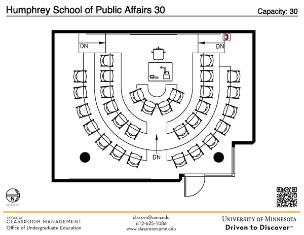 Plan view of the classroom that provides room capacity, seating locations and exits. A QR code links to room schedule and contact information is in the footer