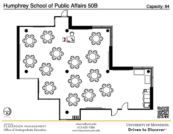 Plan view of the classroom that provides room capacity, seating locations and exits. A QR code links to room schedule and contact information is in the footer