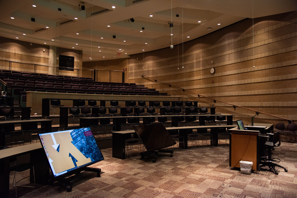 Instructor view from front right.  Confidence panels, student seating, and instructor podium are visible.