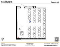 Plan view of the classroom that provides room capacity, seating locations and exits. A QR code links to room schedule and contact information is in the footer