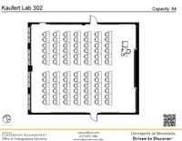 Plan view of the classroom that provides room capacity, seating locations and exits. A QR code links to room schedule and contact information is in the footer