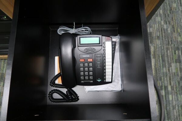 Pedestal - inside view of drawer showing telephone