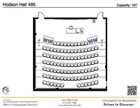 Plan view of the classroom that provides room capacity, seating locations and exits. A QR code links to room schedule and contact information is in the footer