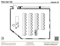 Plan view of the classroom that provides room capacity, seating locations and exits. A QR code links to room schedule and contact information is in the footer