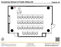 Plan view of the classroom that provides room capacity, seating locations and exits. A QR code links to room schedule and contact information is in the footer