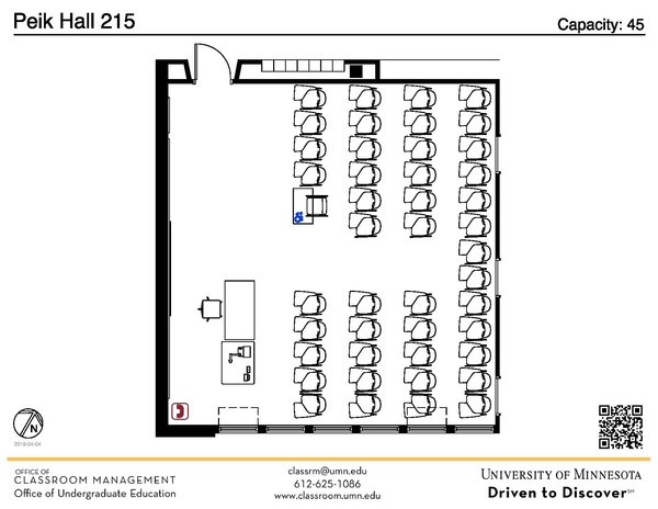 Plan view of the classroom that provides room capacity, seating locations and exits. A QR code links to room schedule and contact information is in the footer