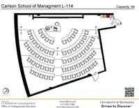 Plan view of the classroom that provides room capacity, seating locations and exits. A QR code links to room schedule and contact information is in the footer