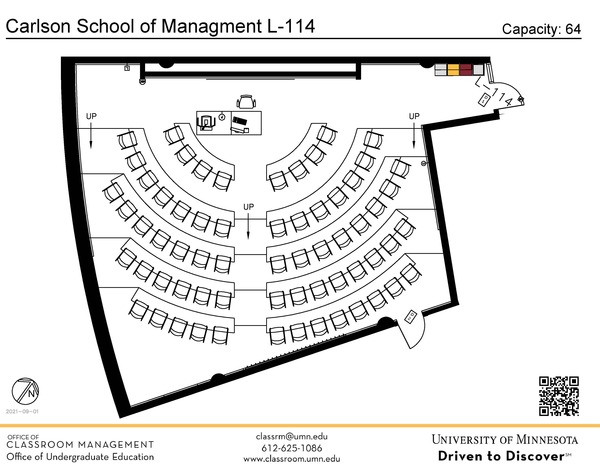 Plan view of the classroom that provides room capacity, seating locations and exits. A QR code links to room schedule and contact information is in the footer