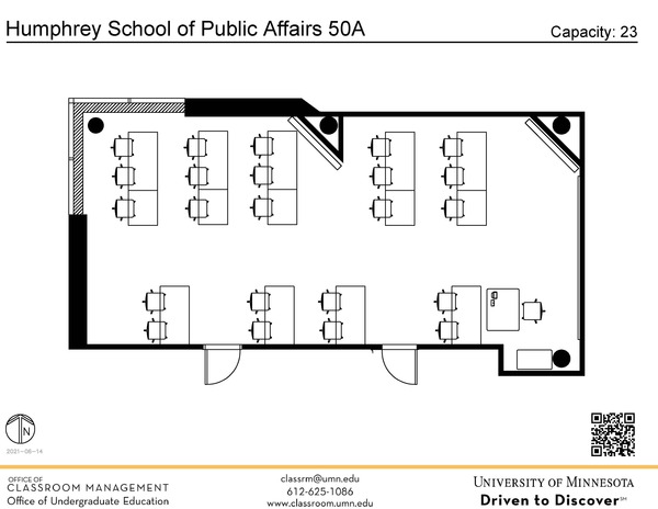 Plan view of the classroom that provides room capacity, seating locations and exits. A QR code links to room schedule and contact information is in the footer