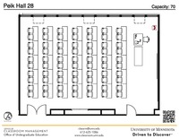 Plan view of the classroom that provides room capacity, seating locations and exits. A QR code links to room schedule and contact information is in the footer