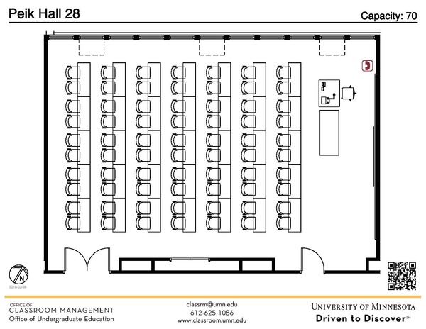 Plan view of the classroom that provides room capacity, seating locations and exits. A QR code links to room schedule and contact information is in the footer