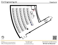 Plan view of the classroom that provides room capacity, seating locations and exits. A QR code links to room schedule and contact information is in the footer