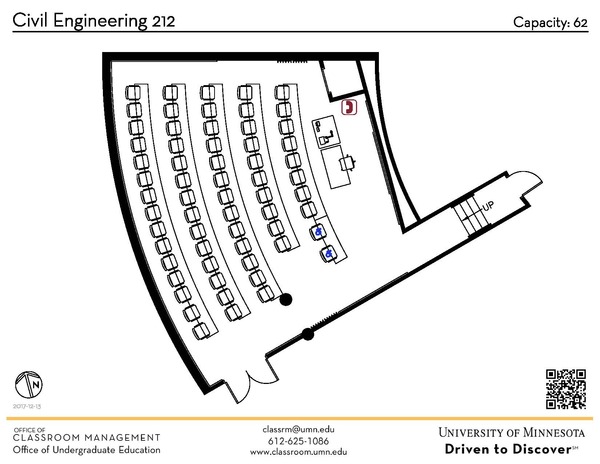 Plan view of the classroom that provides room capacity, seating locations and exits. A QR code links to room schedule and contact information is in the footer