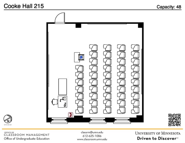 Plan view of the classroom that provides room capacity, seating locations and exits. A QR code links to room schedule and contact information is in the footer