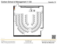 Plan view of the classroom that provides room capacity, seating locations and exits. A QR code links to room schedule and contact information is in the footer