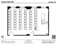 Plan view of the classroom that provides room capacity, seating locations and exits. A QR code links to room schedule and contact information is in the footer