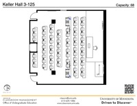 Plan view of the classroom that provides room capacity, seating locations and exits. A QR code links to room schedule and contact information is in the footer