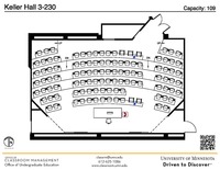 Plan view of the classroom that provides room capacity, seating locations and exits. A QR code links to room schedule and contact information is in the footer