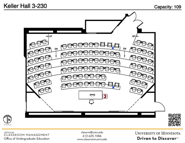 Plan view of the classroom that provides room capacity, seating locations and exits. A QR code links to room schedule and contact information is in the footer