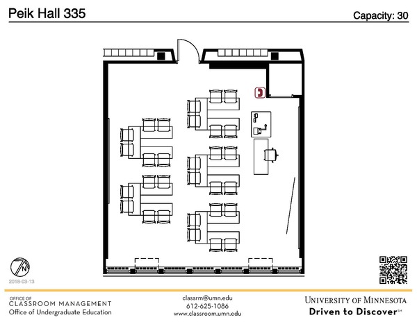 Plan view of the classroom that provides room capacity, seating locations and exits. A QR code links to room schedule and contact information is in the footer