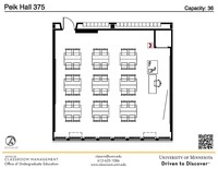 Plan view of the classroom that provides room capacity, seating locations and exits. A QR code links to room schedule and contact information is in the footer