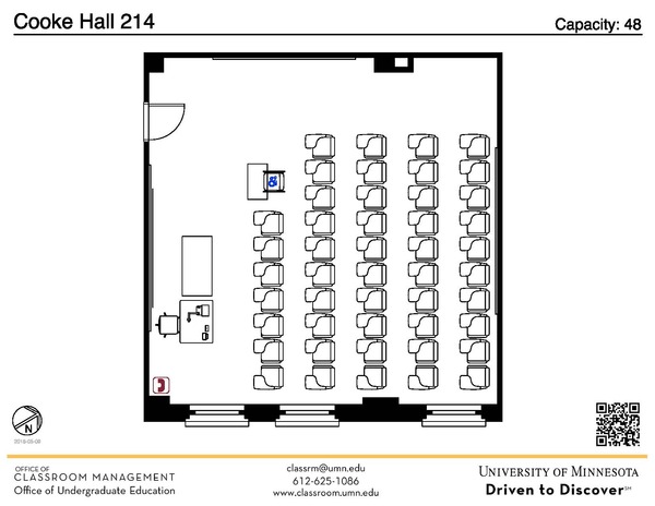 Plan view of the classroom that provides room capacity, seating locations and exits. A QR code links to room schedule and contact information is in the footer