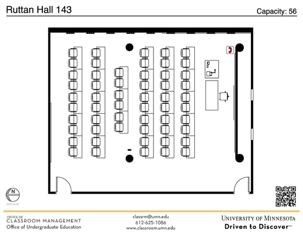 Plan view of the classroom that provides room capacity, seating locations and exits. A QR code links to room schedule and contact information is in the footer