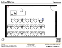 Plan view of the classroom that provides room capacity, seating locations and exits. A QR code links to room schedule and contact information is in the footer