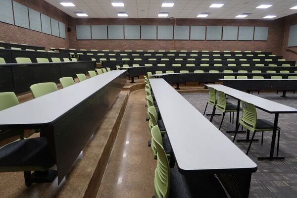 Back of room view of student attached bench seating