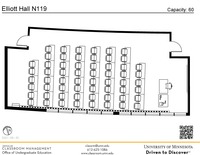 Plan view of the classroom that provides room capacity, seating locations and exits. A QR code links to room schedule and contact information is in the footer