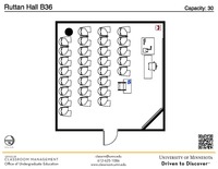 Plan view of the classroom that provides room capacity, seating locations and exits. A QR code links to room schedule and contact information is in the footer