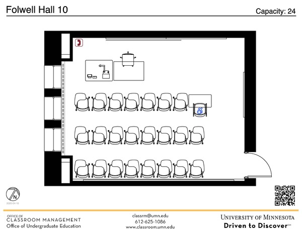 Plan view of the classroom that provides room capacity, seating locations and exits. A QR code links to room schedule and contact information is in the footer