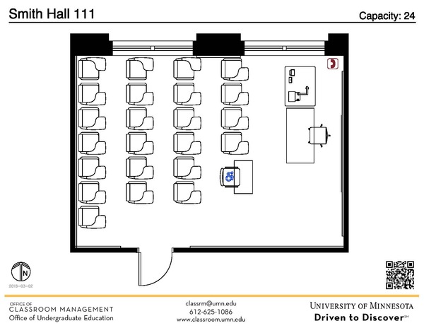 Plan view of the classroom that provides room capacity, seating locations and exits. A QR code links to room schedule and contact information is in the footer